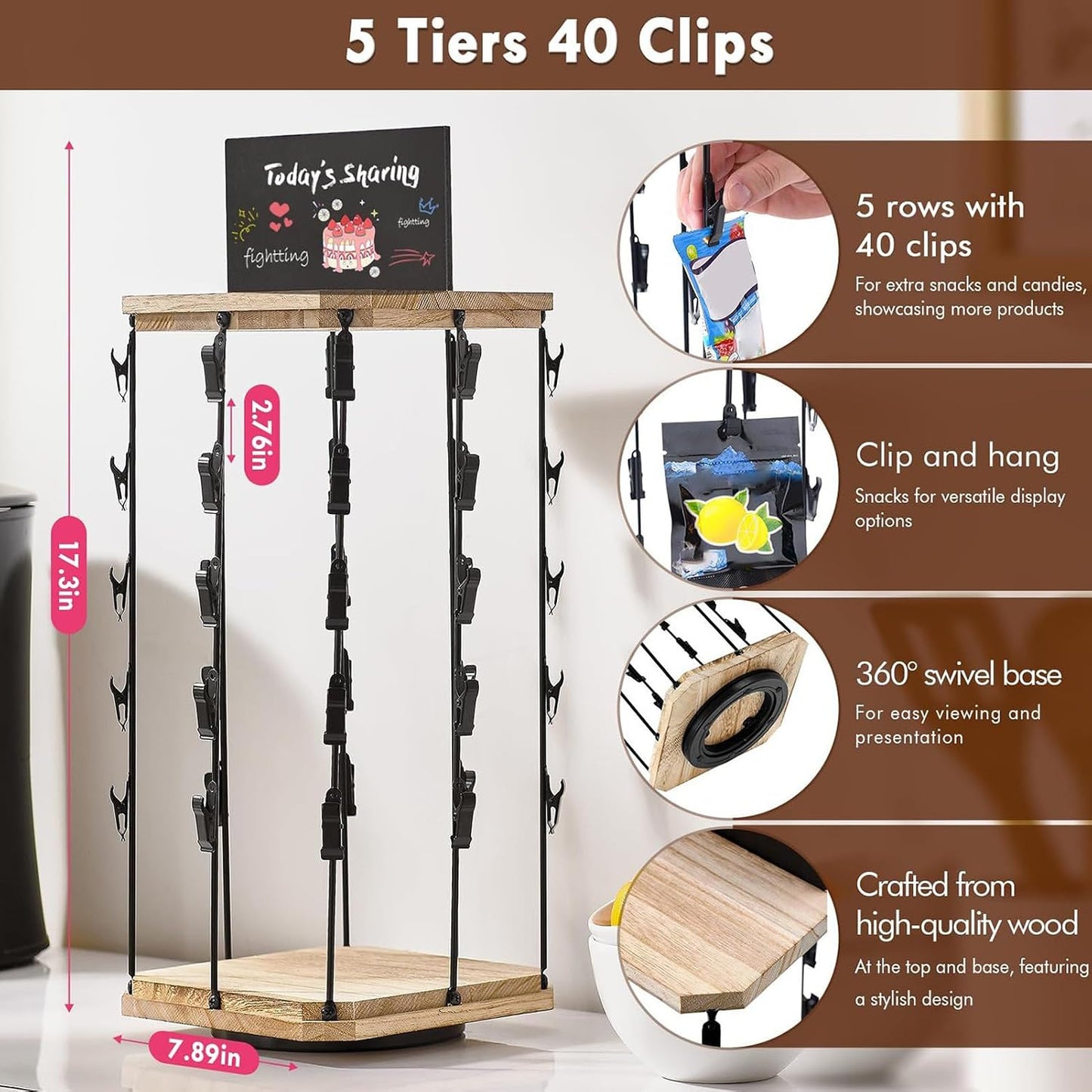  Présentoir à Snacks - Support À Chips Organisateur Avec Porte-Étiquettes - 5 Niveaux 40 Pinces Plateau Tournant 360° Avec Tableau D'Affichage Pour Organisation De Cuisine Et Garde-Manger
