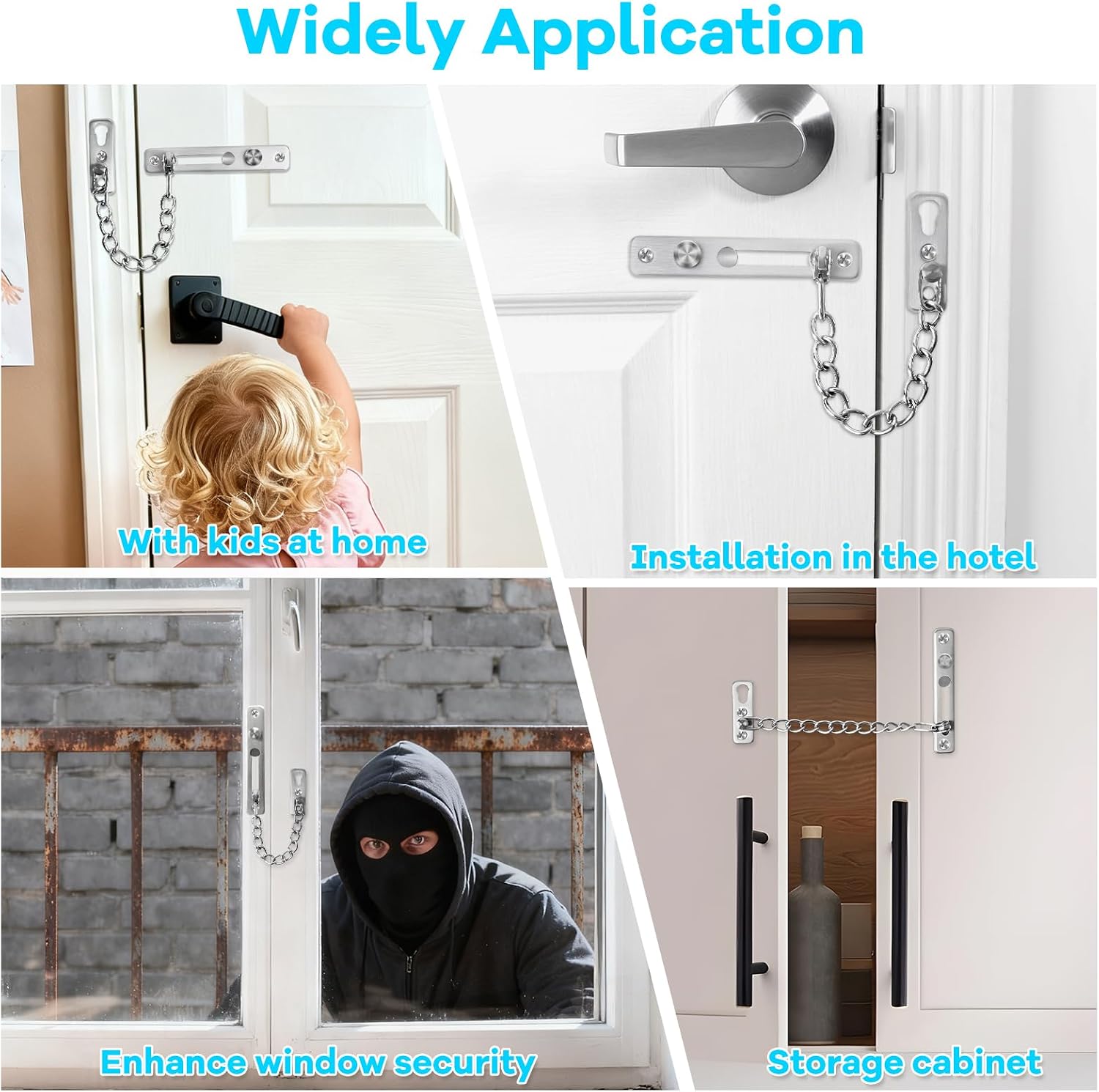  Elzle Chaîne De Sécurité Pour Porte En Acier Inoxydable, Avec Bouton Anti-Vol, 4 Vis Incluses, Sécurité Pour Porte D'Entrée, Portes Intérieures & Fenêtres (Argent)