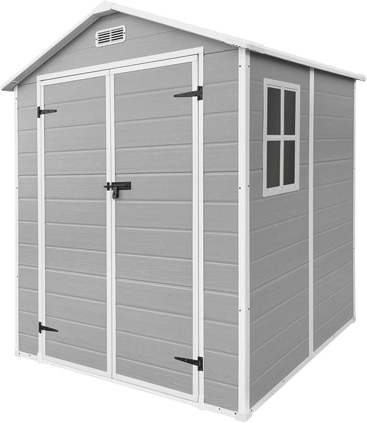  ECD Germany Abri De Jardin Avec Plancher En Résine PP 5m³ Gris Clair, Toit Double Pente, Fenêtre, Porte Double, Ventilation, Cabane De Rangement Extérieur 151x182x220 Cm, Résistant Aux Intempéries