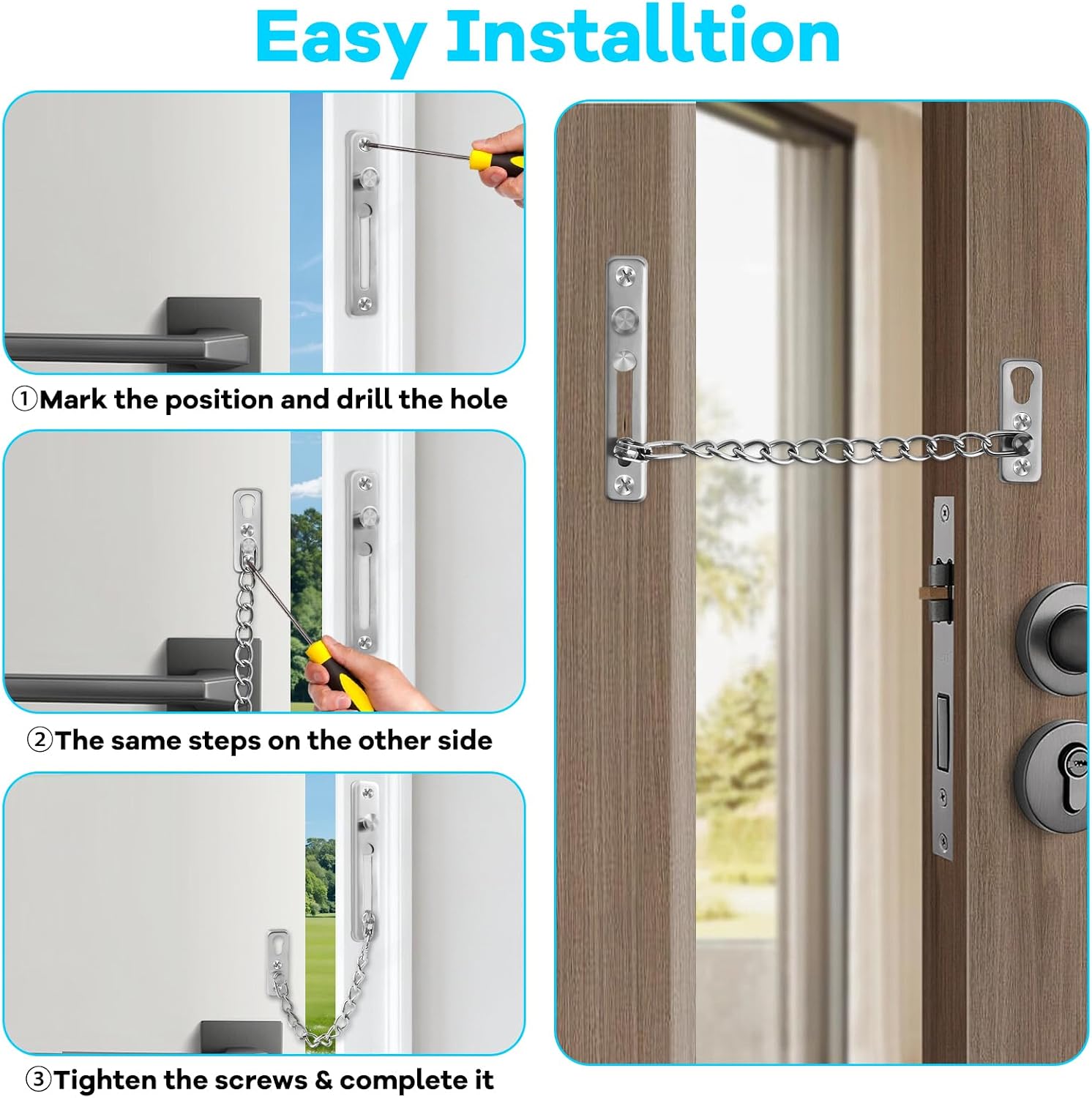  Elzle Chaîne De Sécurité Pour Porte En Acier Inoxydable, Avec Bouton Anti-Vol, 4 Vis Incluses, Sécurité Pour Porte D'Entrée, Portes Intérieures & Fenêtres (Argent)
