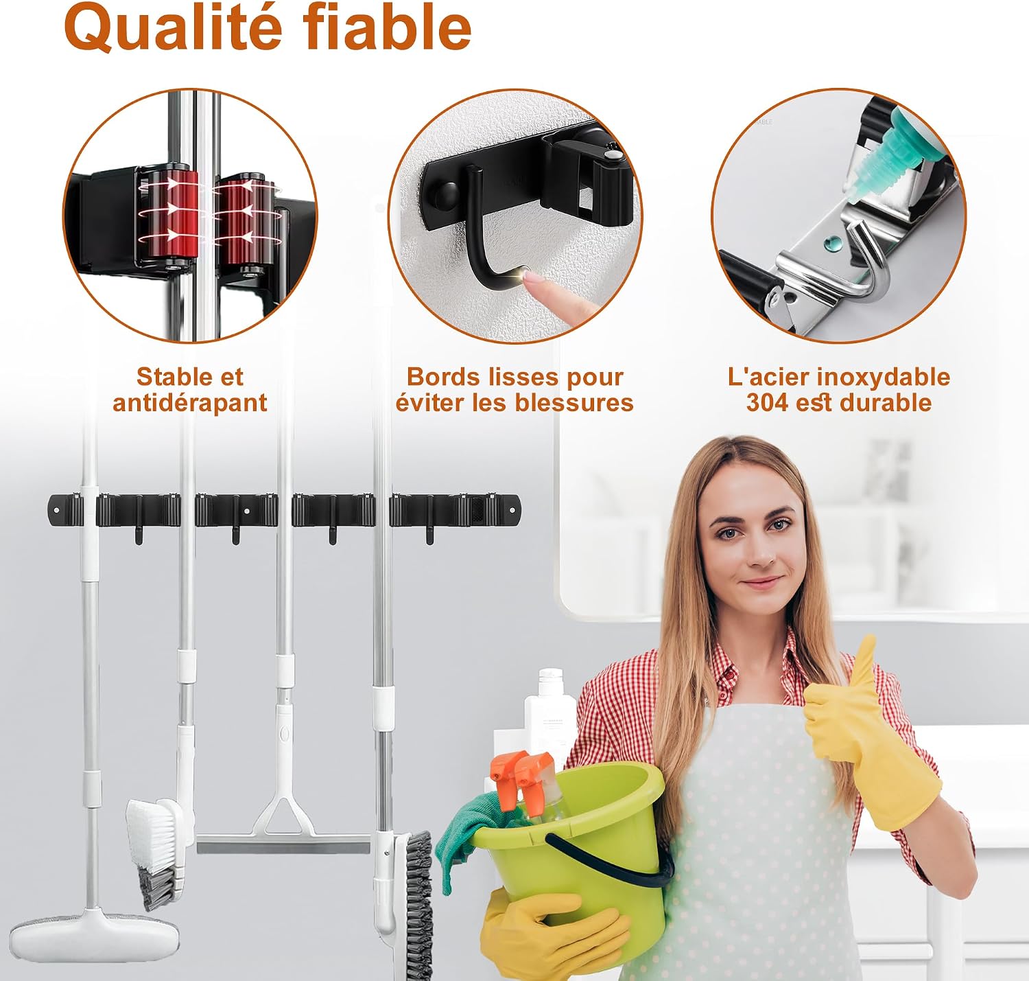  Accroche Balai Mural, Porte Balais Mural En Acier Inoxydable - 5 Supports + 4 Crochets, Support Balais Mural Sans Percer Noir, Utilisable En Cuisine, Salle De Bain, Jardin, Garage (1 Pièces)