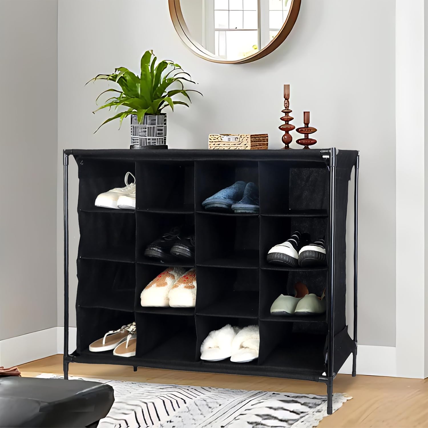  Relaxdays Meuble à Chaussures Pour Le Camping, 16 Compartiments, Montage Facile, H X L X P : 65 X 84 X 36 Cm, Noir
