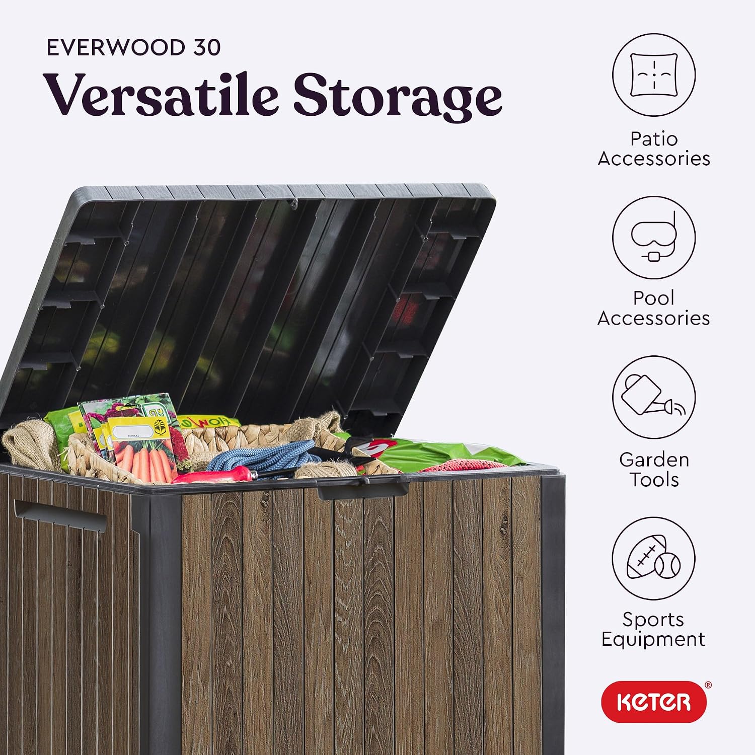  Keter Signature Everwood – Boîte De Rangement D'extérieur En Résine Et Table D'appoint Pour Meubles De Terrasse Pour Accessoires De Piscine Et De Jardin, Noyer