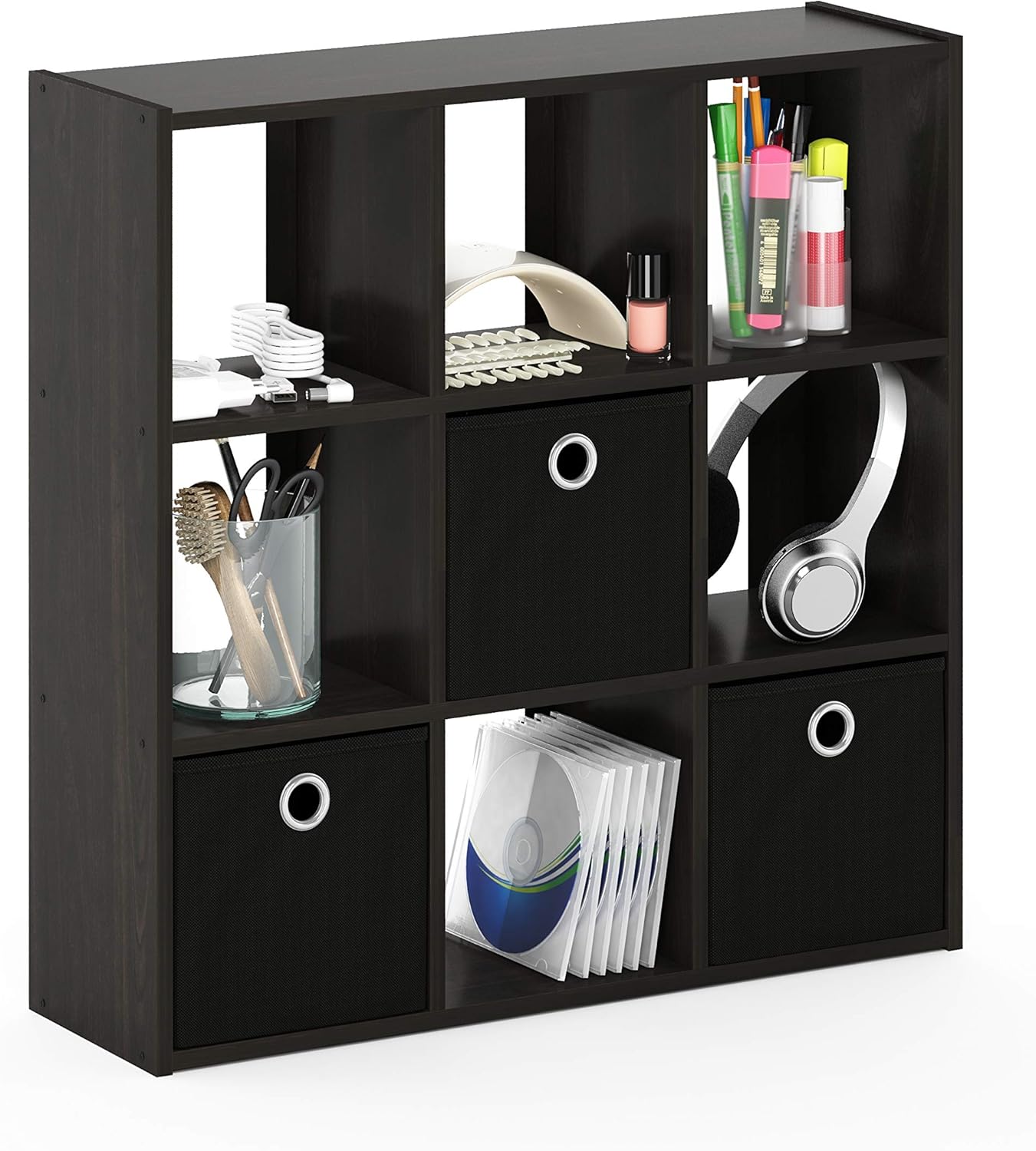  Furinno 13207EX/BK Simplistic Organisateur à 9 Cubes Avec Bacs, Expresso / Noir