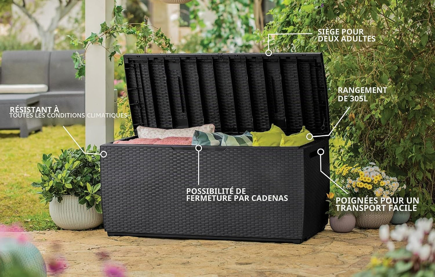  Keter Capri Coffre De Rangement, Capacité 305L, Résine, Marron, Aménagement Jardin Et Terrasse, 54 X 123 X 57 Cm