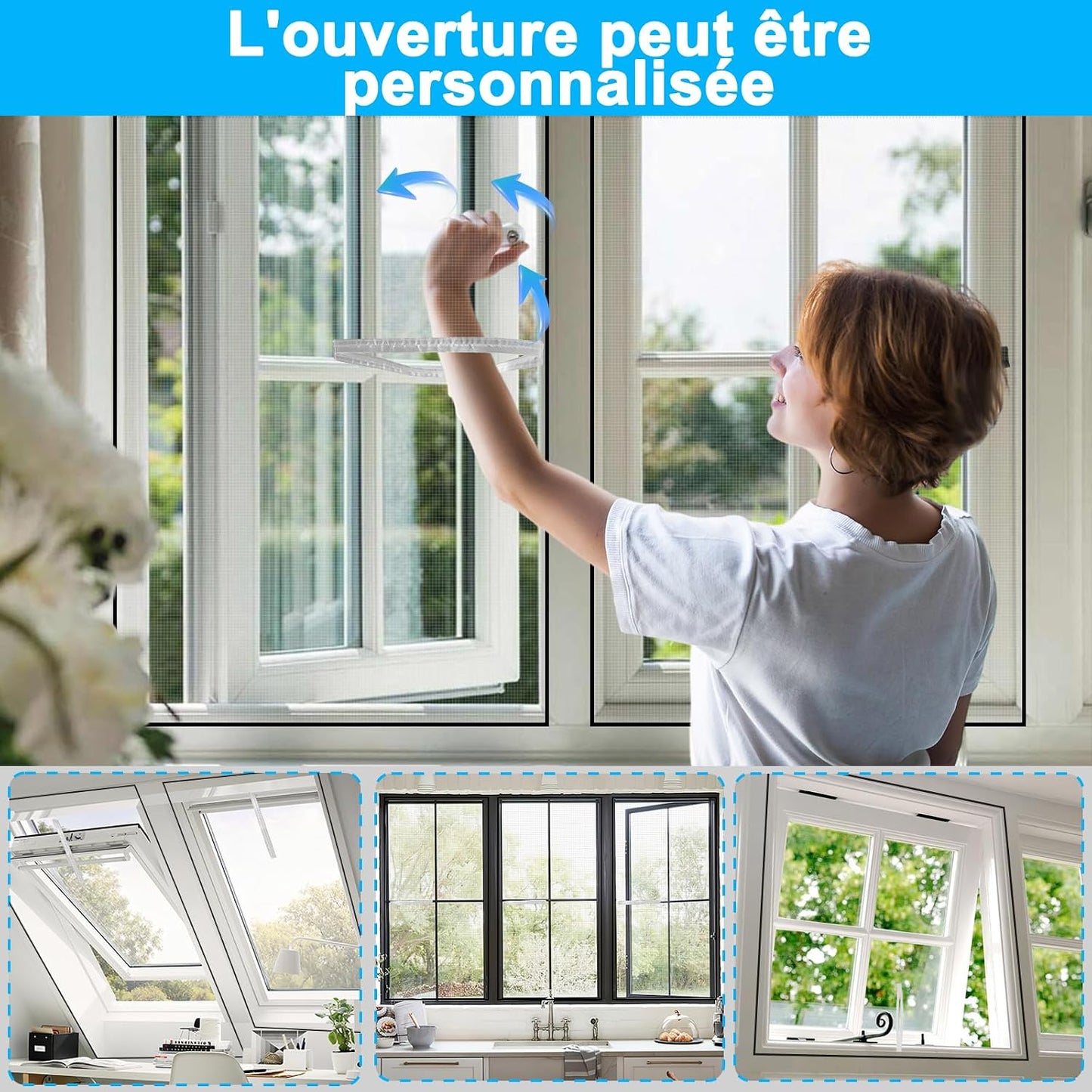  BKSAI Moustiquaire Fenêtre Sans Percage Adhésif | Fibre De Verre Résistante | Fermeture Magnétique Réglable | Découpable Jusqu'à 130x150 Cm | Anti-Insectes Anti-Mouches Pour Location Fenêtre Toit