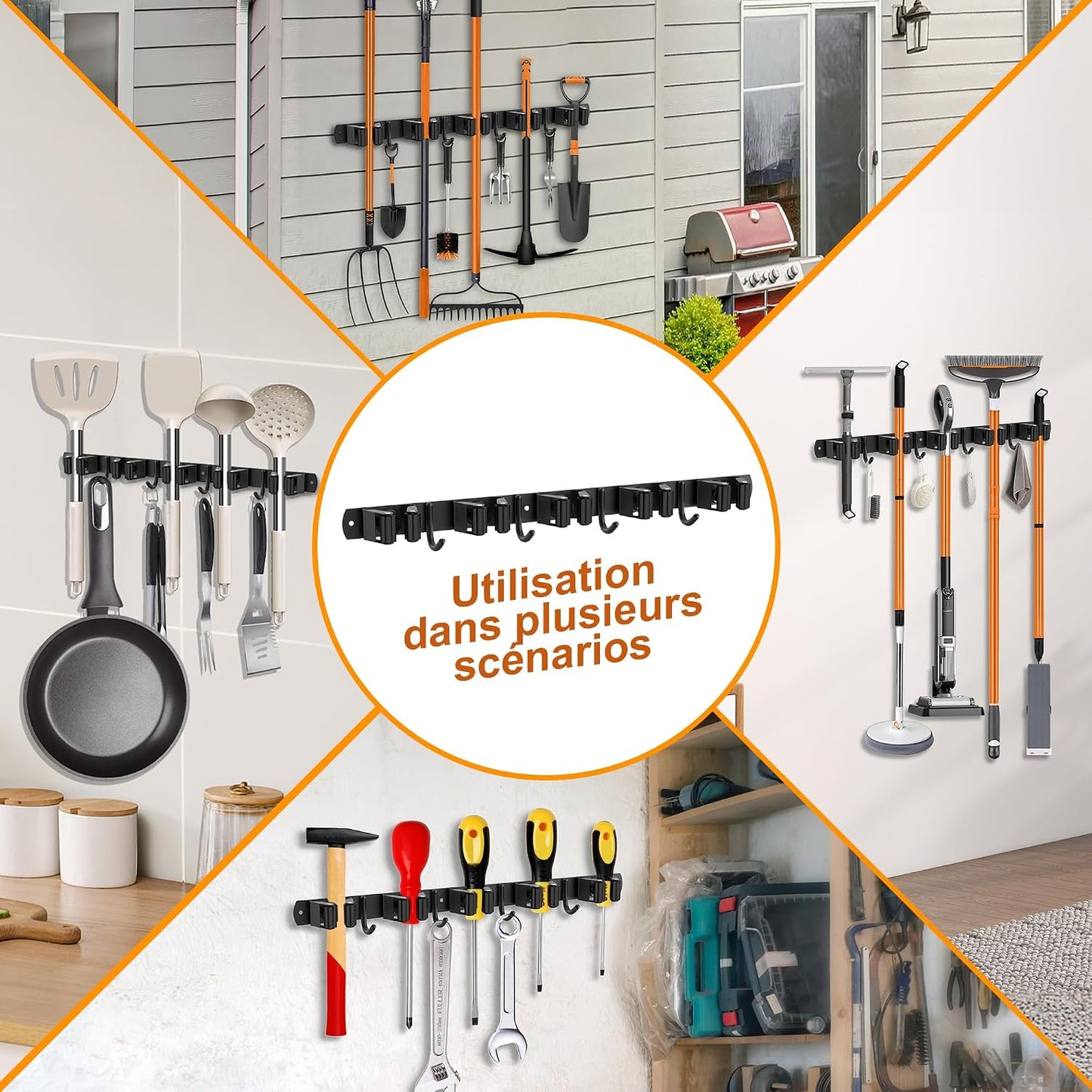  Accroche Balai Mural, Porte Balais Mural En Acier Inoxydable - 5 Supports + 4 Crochets, Support Balais Mural Sans Percer Noir, Utilisable En Cuisine, Salle De Bain, Jardin, Garage (1 Pièces)