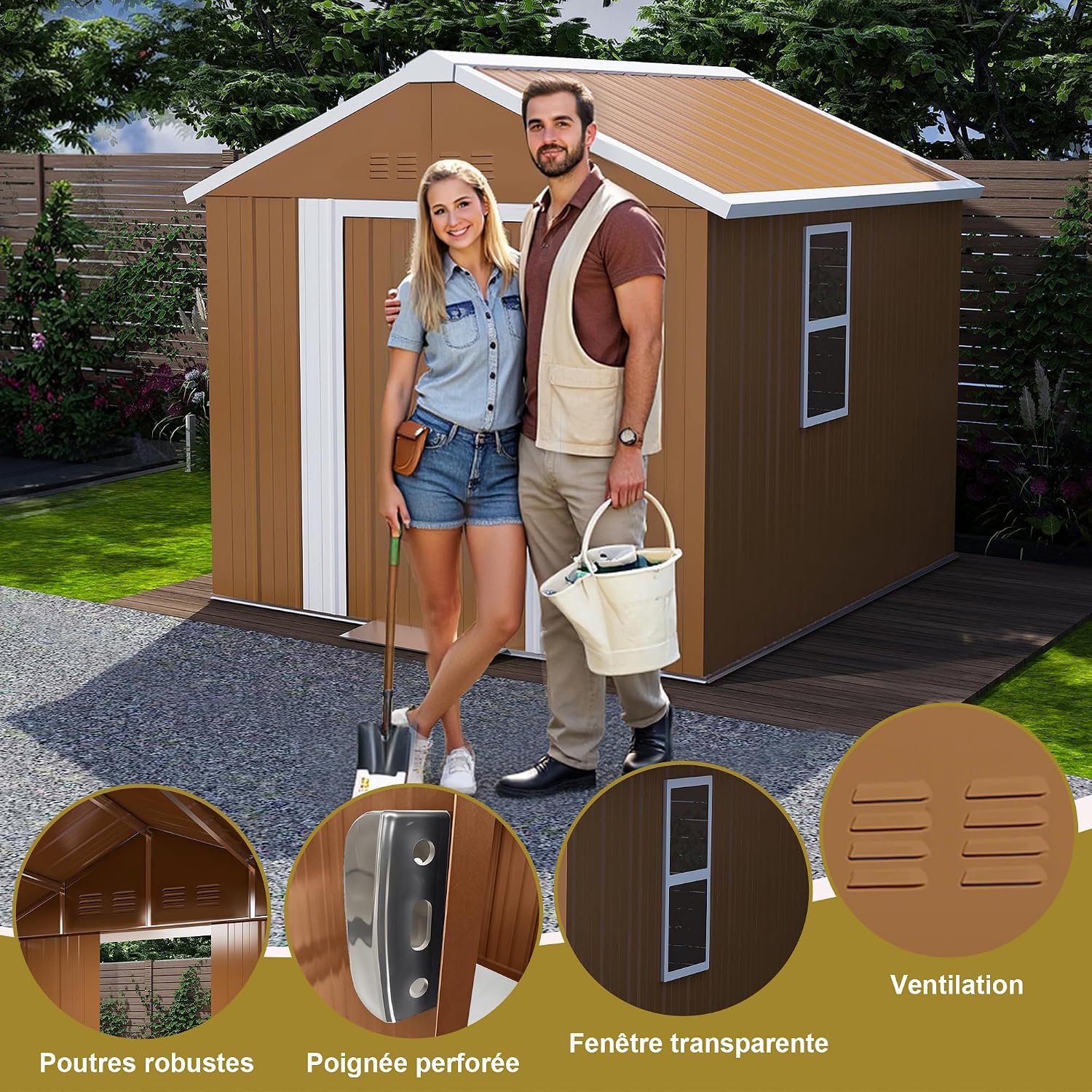  Abri De Jardin Métallique 184x116 Cm - Cabanon Extérieur Avec Fenêtre, Aération Et Porte Verrouillable, Rangement Vélos Et Outils, Sans Fondation (Brun)