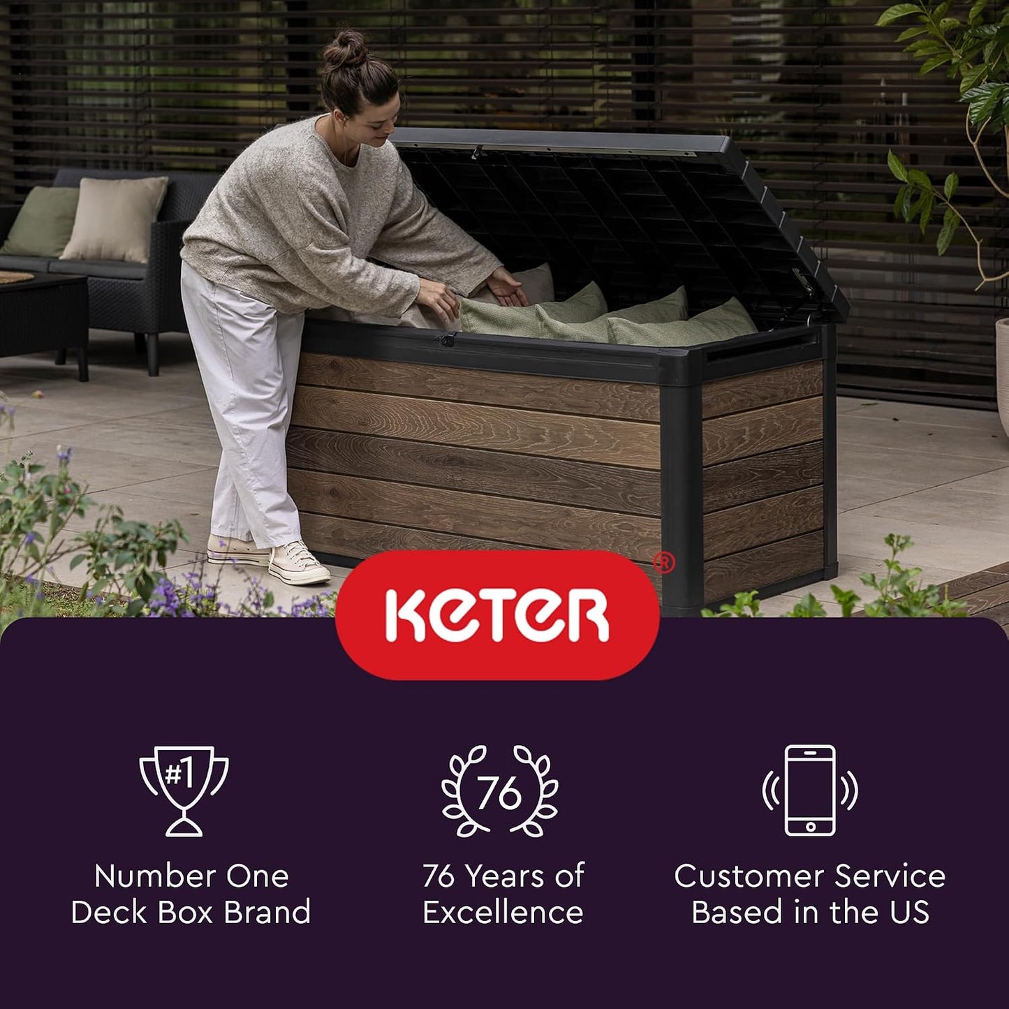  Keter City Boîte De Rangement En Résine Pour Meubles De Terrasse, Accessoires De Piscine Et Jouets D'extérieur Marron 30 Gallons