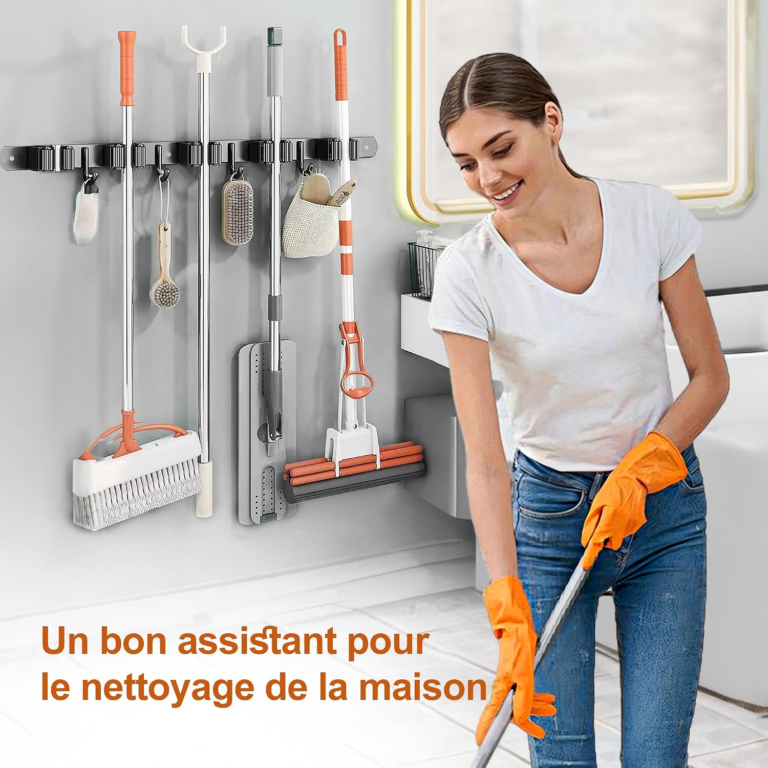  Accroche Balai Mural, Porte Balais Mural En Acier Inoxydable - 5 Supports + 4 Crochets, Support Balais Mural Sans Percer Noir, Utilisable En Cuisine, Salle De Bain, Jardin, Garage (1 Pièces)
