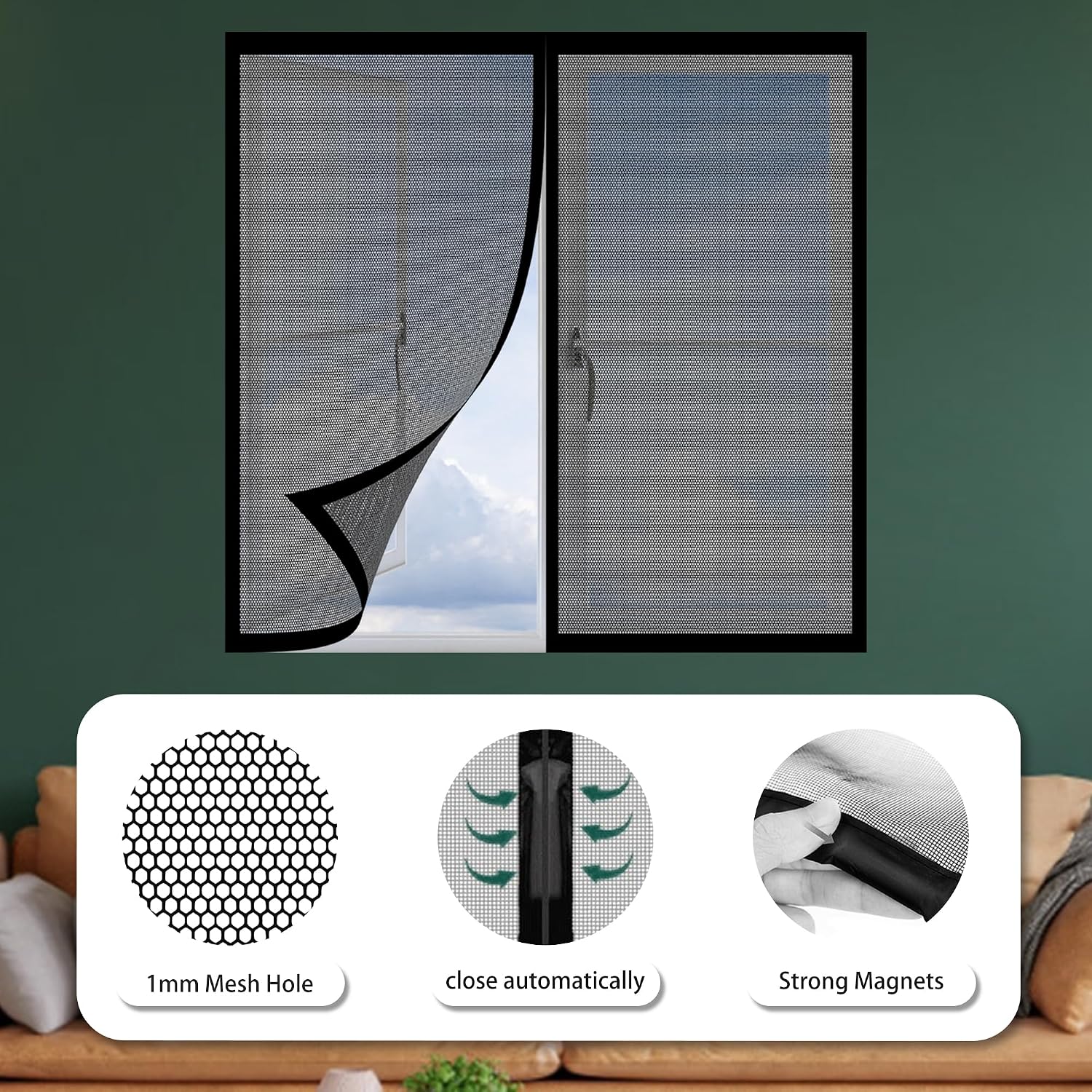  Magnetic Door Or Window Mosquito Net 86 X 113 Cm Self-Adhesive Mesh Curtain With Automatic Closing No Drilling For Corridors Windows Patio, Black