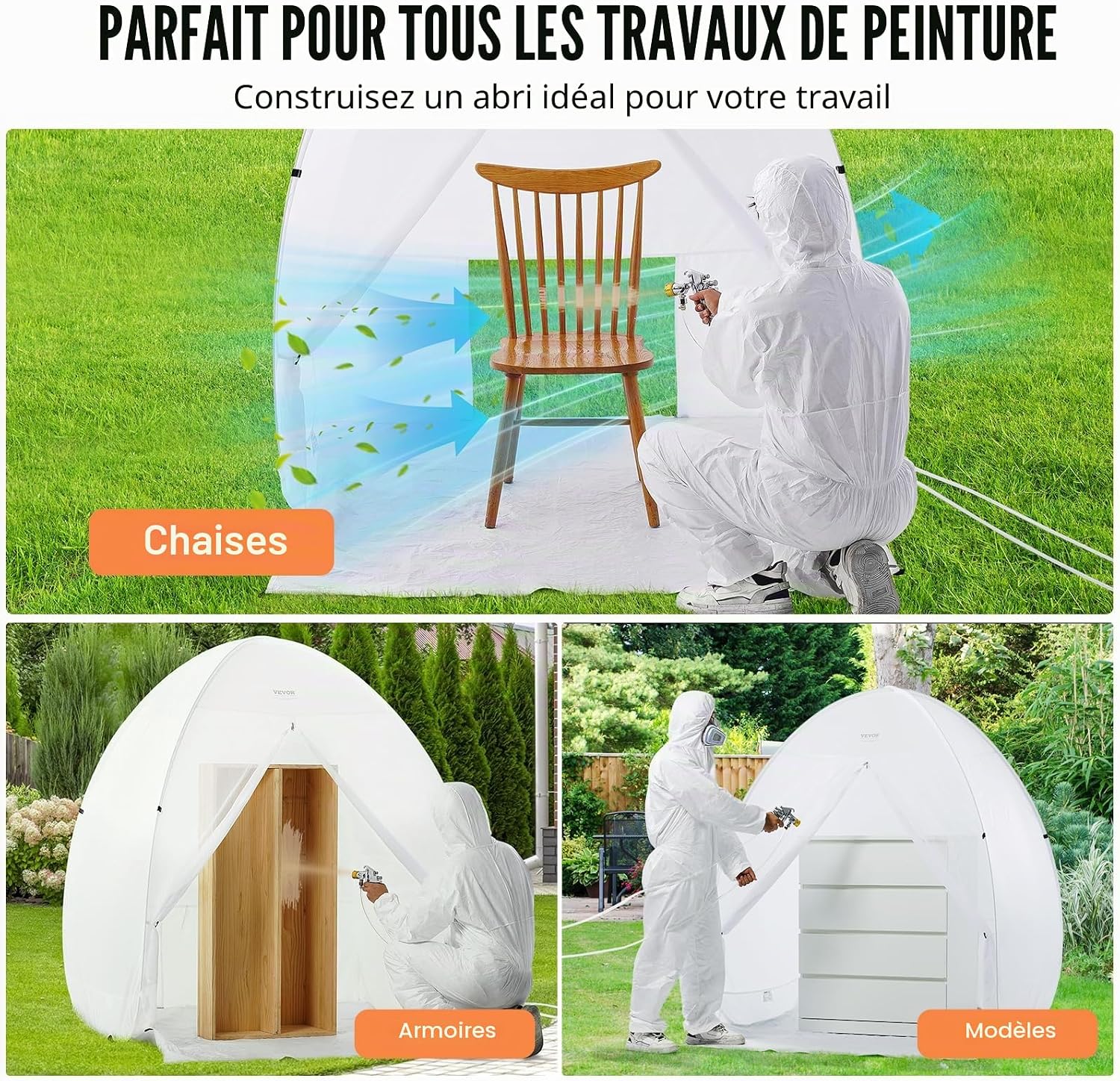  VEVOR Abri De Peinture En Aérosol Portable, Tente De Peinture 152x152x178 Cm, Cabine De Peinture Avec Plancher Intégré, Fenêtre D'Échappement Et Sac De Rangement, Pour Pulvérisation De Peinture Meuble