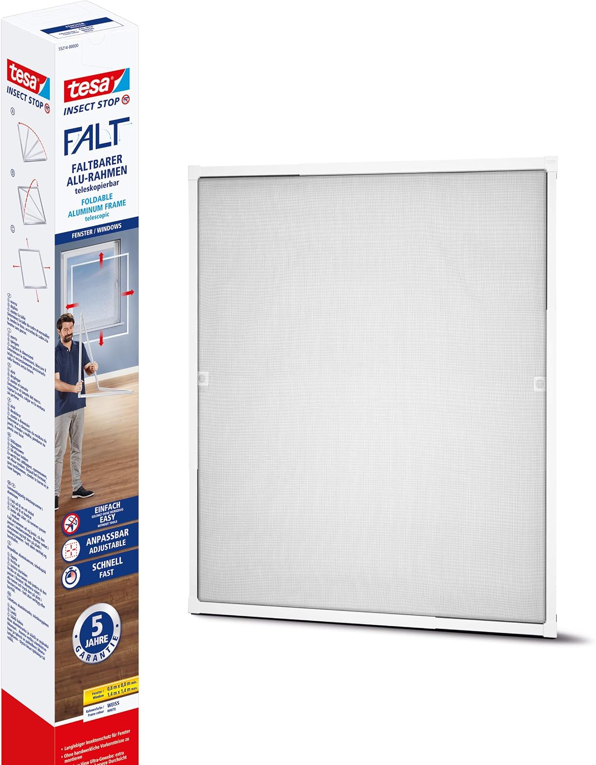  Tesa 55214 Insect Stop Cadre Pliable En Aluminium - Moustiquaire Télescopique Pour Fenêtres Avec Cadre En Aluminium - Blanc - 80 Cm X 80 Cm Jusqu'à 140 Cm X 140 Cm 55214