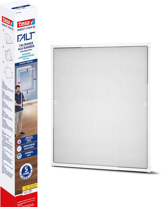  Tesa 55214 Insect Stop Cadre Pliable En Aluminium - Moustiquaire Télescopique Pour Fenêtres Avec Cadre En Aluminium - Blanc - 80 Cm X 80 Cm Jusqu'à 140 Cm X 140 Cm 55214