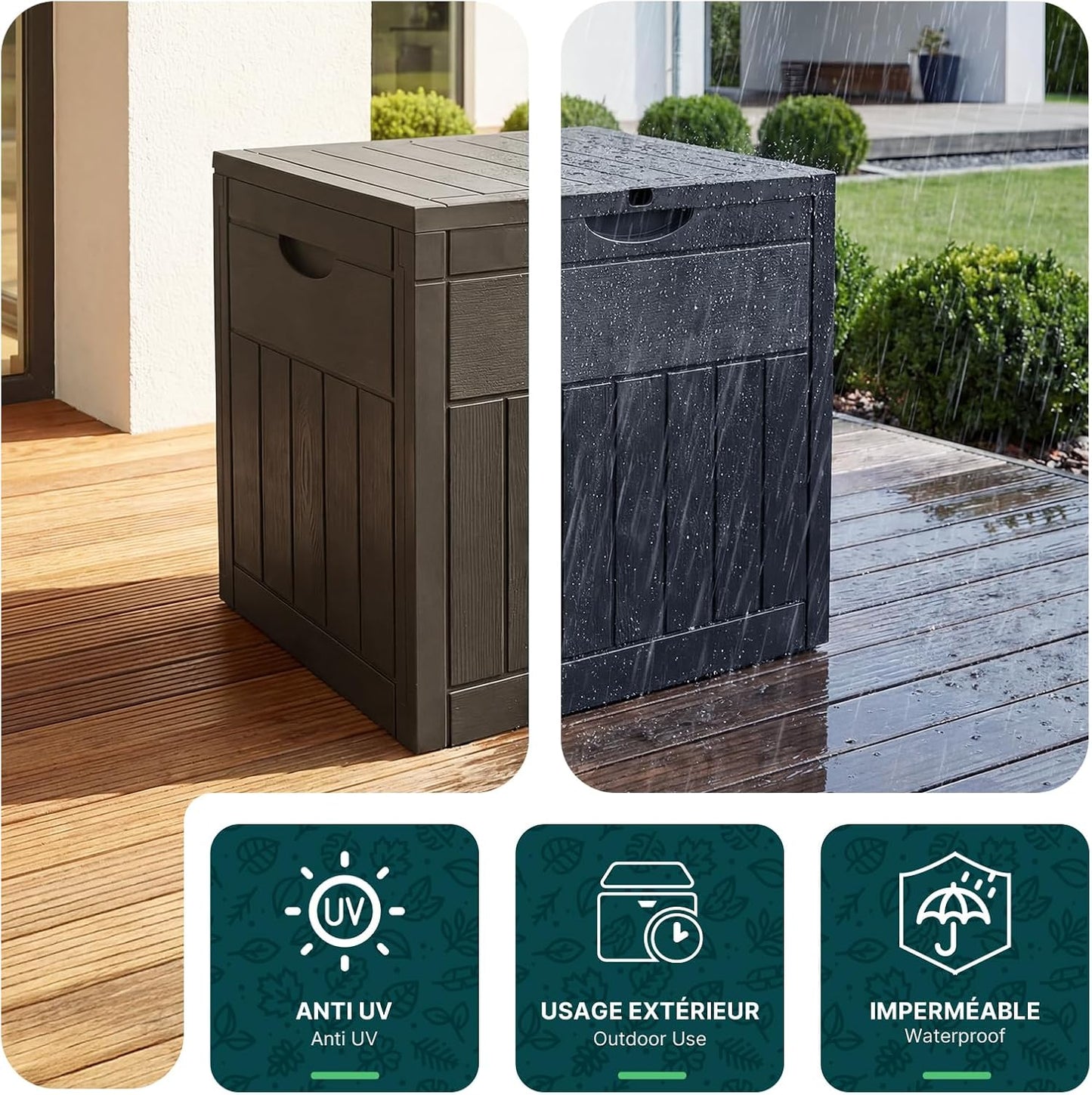  Vounot® Coffre De Rangement Extérieur 126L Boîte De Jardin Étanche Anti UV Couvercle Verrouillable Avec Poignées Encastrées 56 X 43 X 53 Cm Pour Jardin Terrasse Balcon Piscine Effet Bois Noir