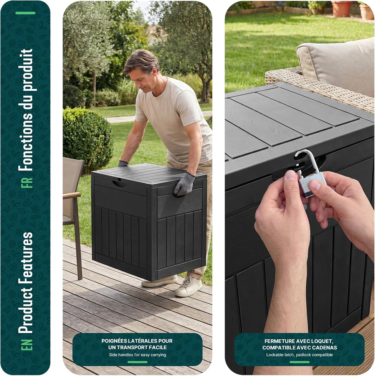  Vounot® Coffre De Rangement Extérieur 126L Boîte De Jardin Étanche Anti UV Couvercle Verrouillable Avec Poignées Encastrées 56 X 43 X 53 Cm Pour Jardin Terrasse Balcon Piscine Effet Bois Noir