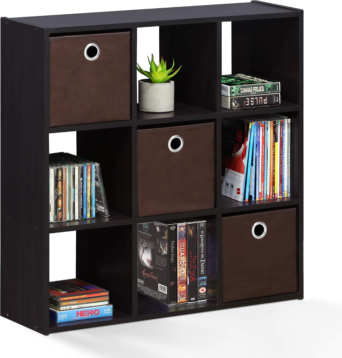  Furinno Simplistic Organisateur à 9 Cubes Avec Bacs, Chêne Français Gris/Noir, Bois Dense, One Size