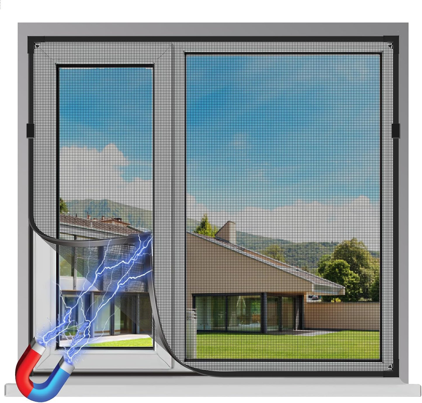  Adjustable Window Screen Replacement Magnetic Window Screen - Grey Fiberglass Mesh - No Drilling - Easy To Cut - For Sliding, Swing, Hanging On Top - Fits