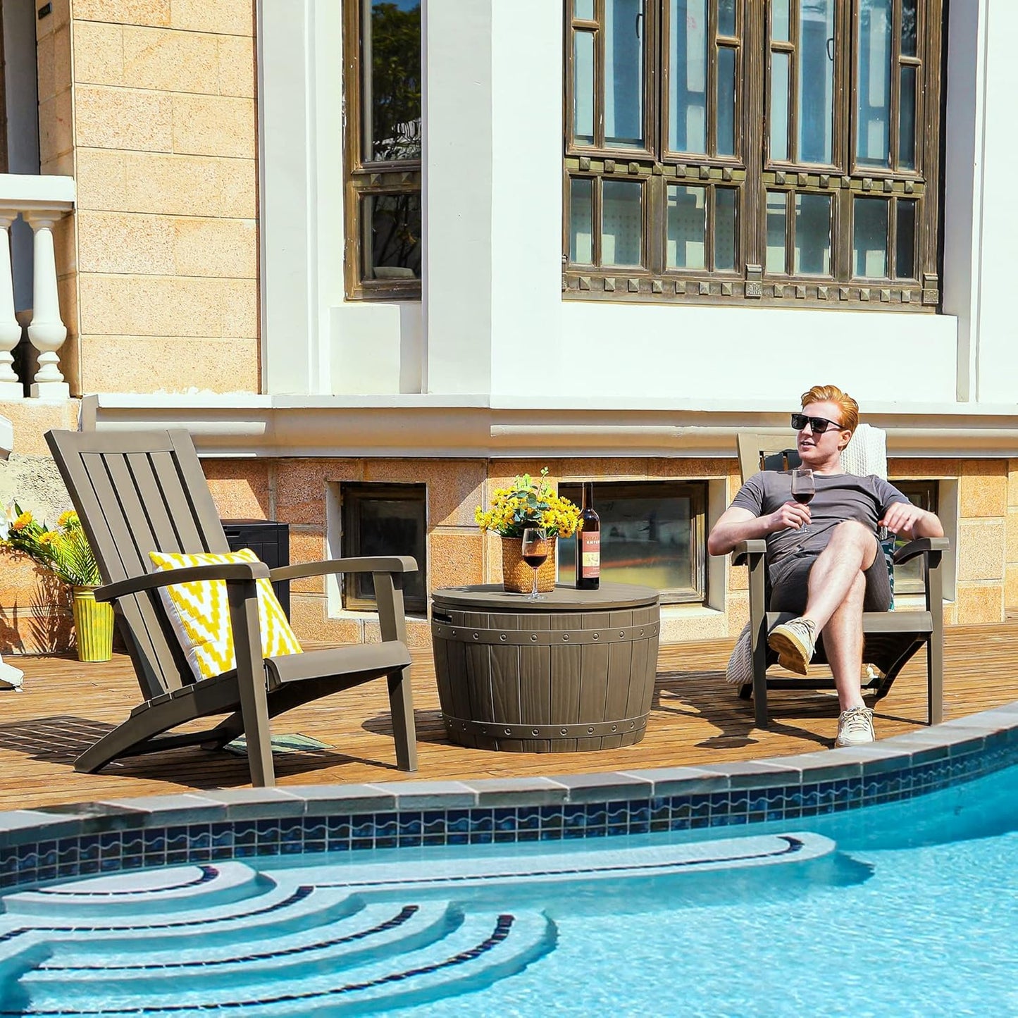 YITAHOME Coffre De Rangement Ronde De 127L, Boîte De Rangement Extérieure Pour Coussin De Table De Patio, Accessoires De Piscine, Résine Imperméable Et Montage Facile Léger, Marron Clair